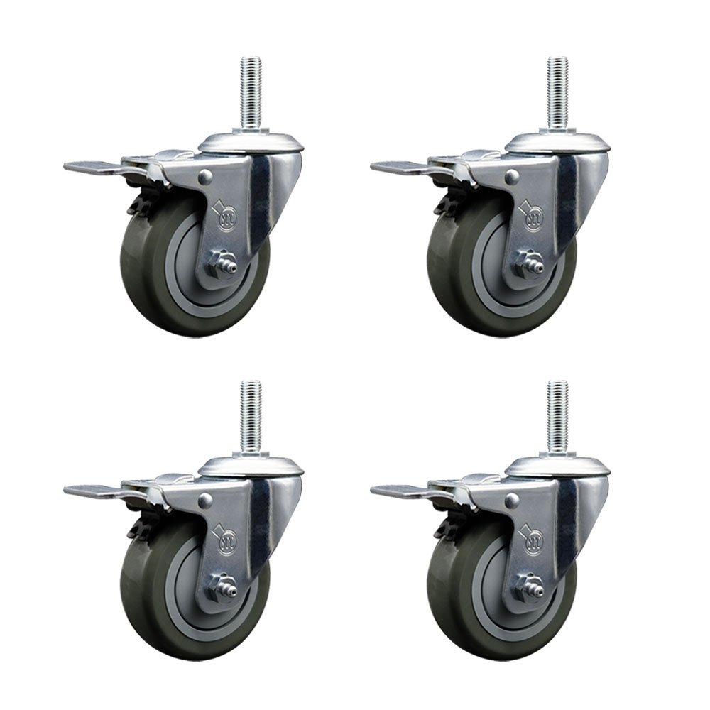 Polyurethane Swivel Threaded Stem Caster Set of 4 w/4" x 1.25" Gray Wheels and 5/8" Stems - Includes 4 with Total Lock Brakes - 1400 lbs Total Capacity - Service Caster Brand — photo 1