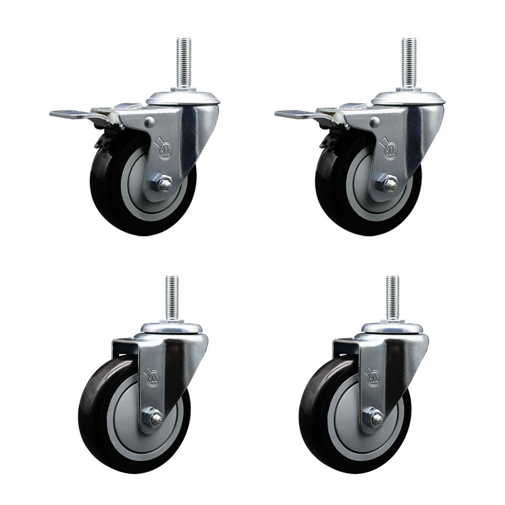 Polyurethane Swivel Threaded Stem Caster Set of 4 w/4" x 1.25" Black Wheels and 3/4" Stems - Includes 2 with Total Locking Brake - 1400 lbs Total Capacity - Service Caster Brand — photo 1