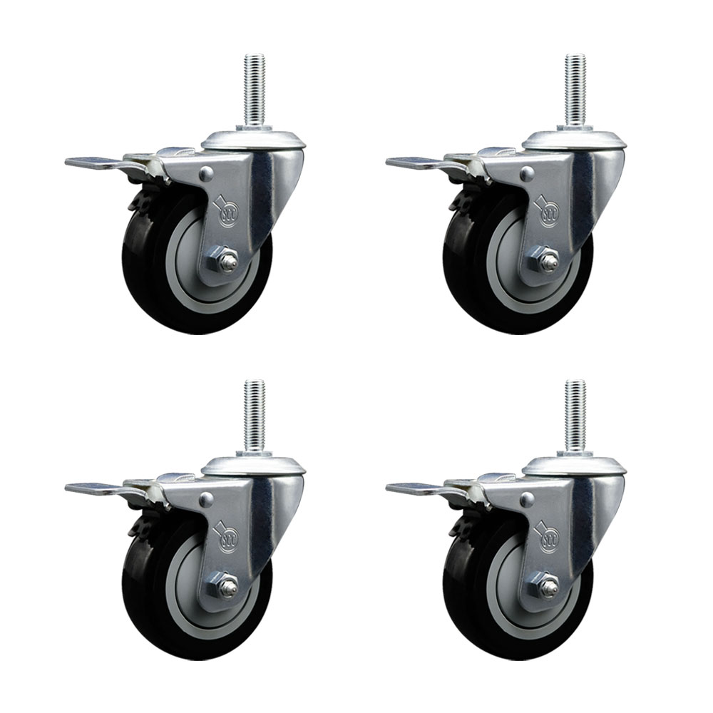 Polyurethane Swivel Threaded Stem Caster Set of 4 w/4" x 1.25" Black Wheels and 3/4" Stems - Includes 4 with Total Lock Brakes - 1400 lbs Total Capacity - Service Caster Brand — photo 1
