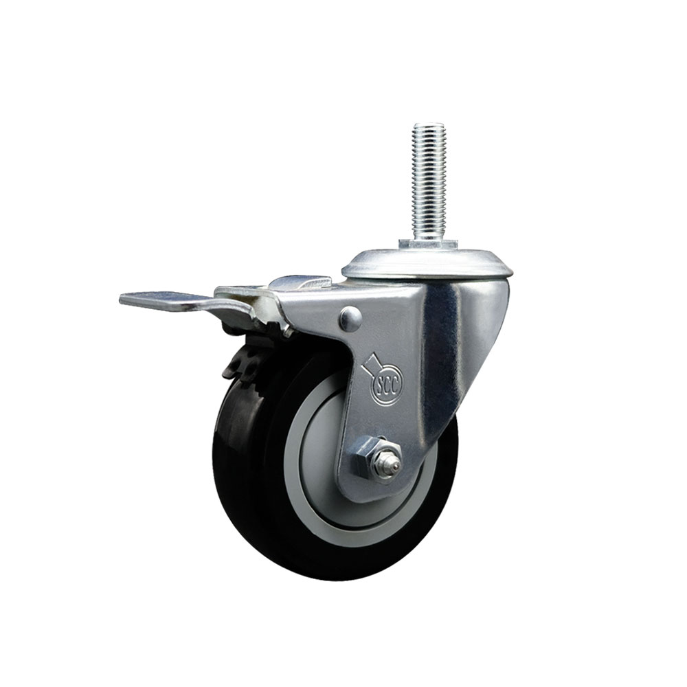 Polyurethane Swivel Threaded Stem Caster w/4" x 1.25" Black Wheel and 3/4" Stem & Total Locking Brake - 350 lbs Capacity/Caster - Service Caster Brand — photo 1