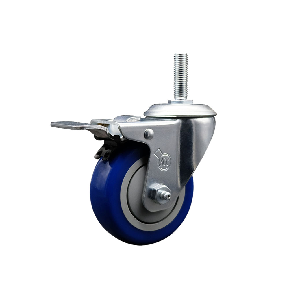 Polyurethane Swivel Threaded Stem Caster w/4" x 1.25" Blue Wheel and 3/4" Stem & Total Locking Brake - 350 lbs Capacity/Caster - Service Caster Brand — photo 1