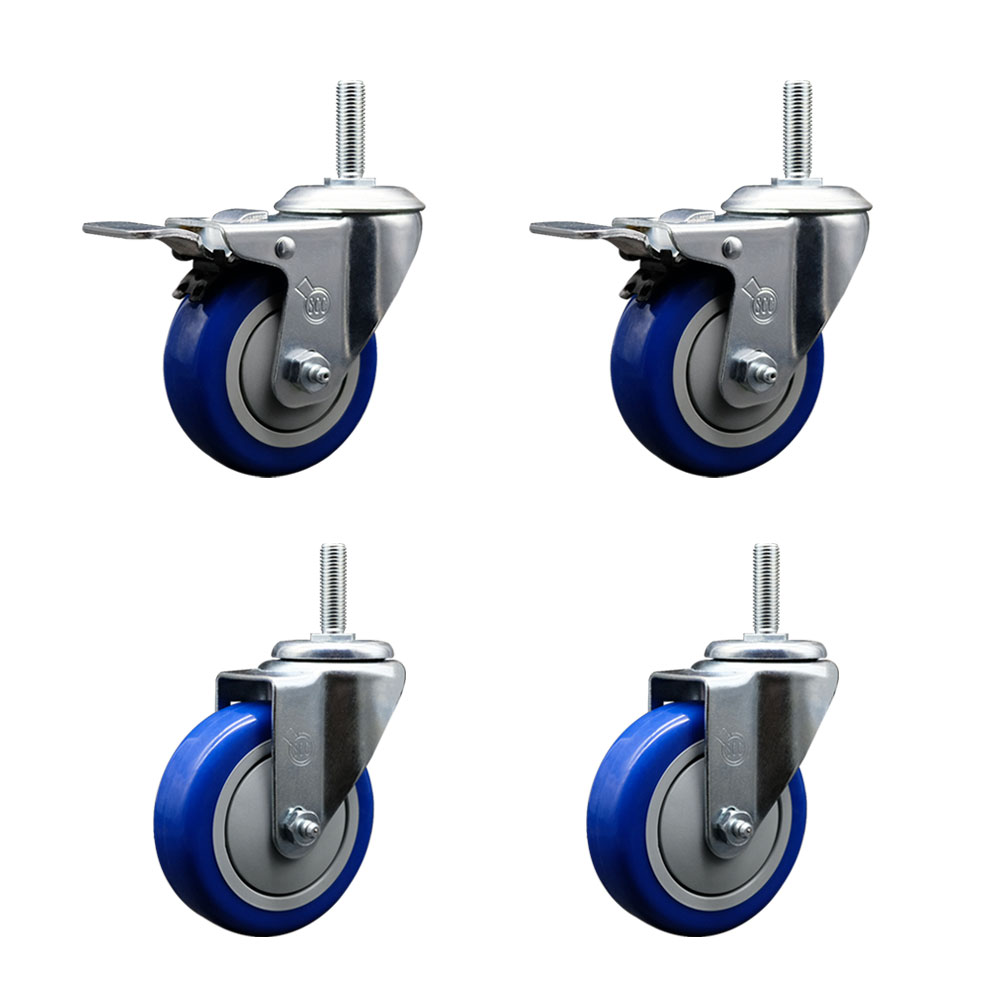 Polyurethane Swivel Threaded Stem Caster Set of 4 w/4” x 1.25” Blue Wheels and 5/8” Stems - Includes 2 with Total Locking Brake - 1400 lbs Total Capacity - Service Caster Brand — photo 1
