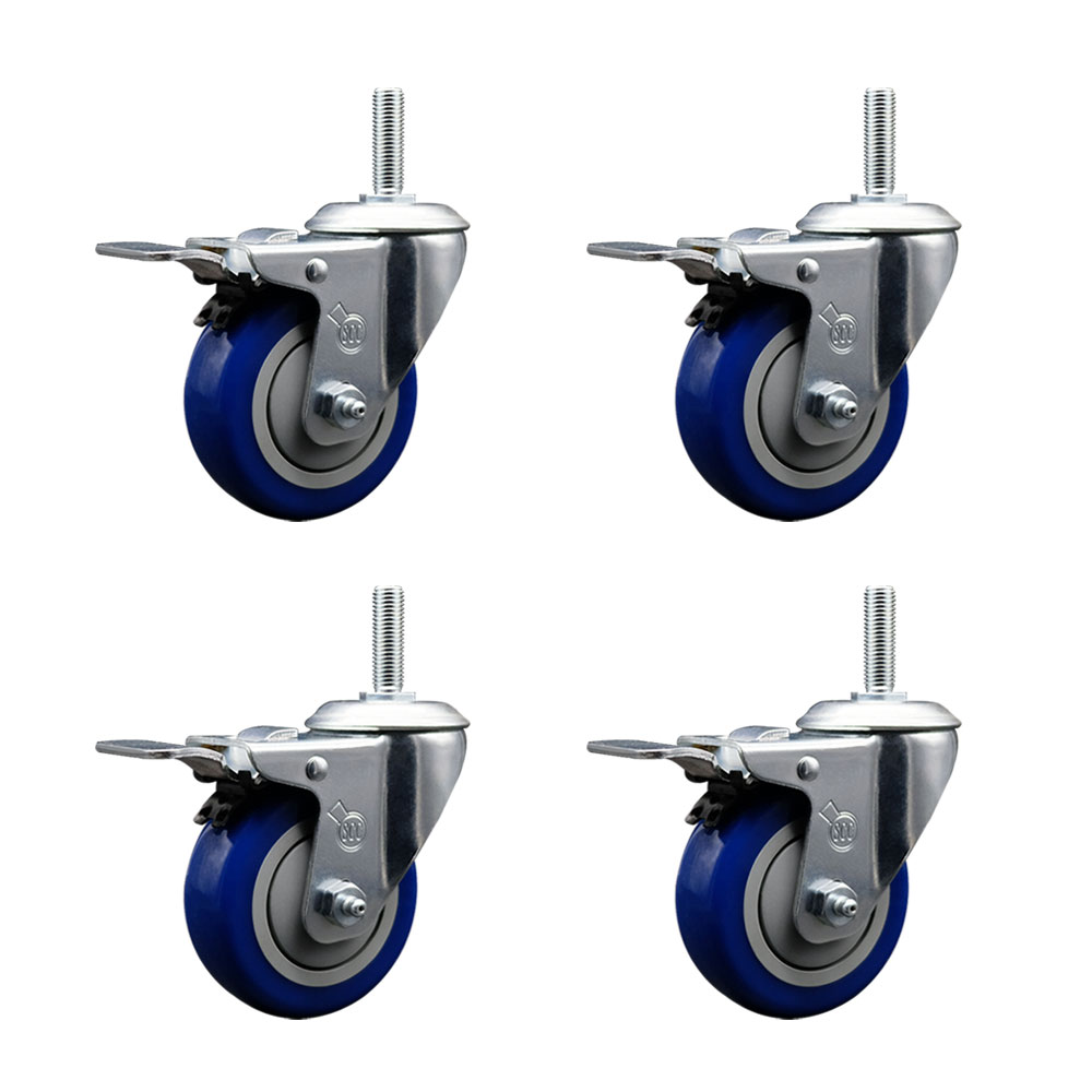 Polyurethane Swivel Threaded Stem Caster Set of 4 w/4" x 1.25" Blue Wheels and 5/8" Stems - Includes 4 with Total Lock Brakes - 1400 lbs Total Capacity - Service Caster Brand — photo 1