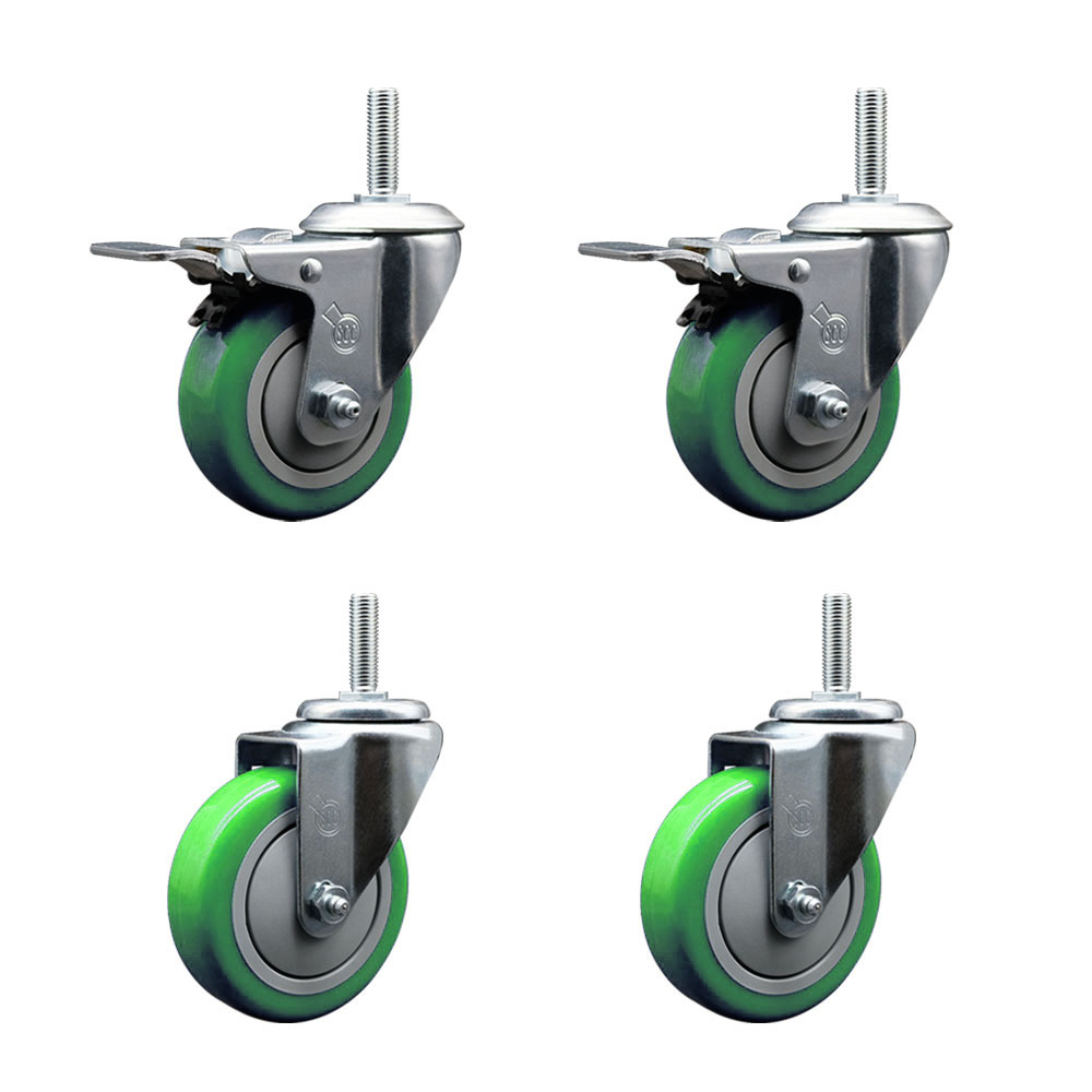 Polyurethane Swivel Threaded Stem Caster Set of 4 w/4" x 1.25" Green Wheels and 3/4" Stems - Includes 2 with Total Locking Brake - 1400 lbs Total Capacity - Service Caster Brand — photo 1