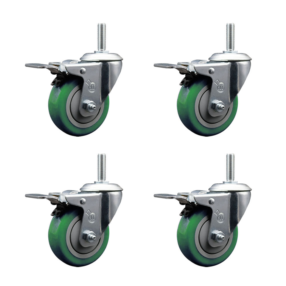 Polyurethane Swivel Threaded Stem Caster Set of 4 w/4" x 1.25" Green Wheels and 3/4" Stems - Includes 4 with Total Lock Brakes - 1400 lbs Total Capacity - Service Caster Brand — photo 1