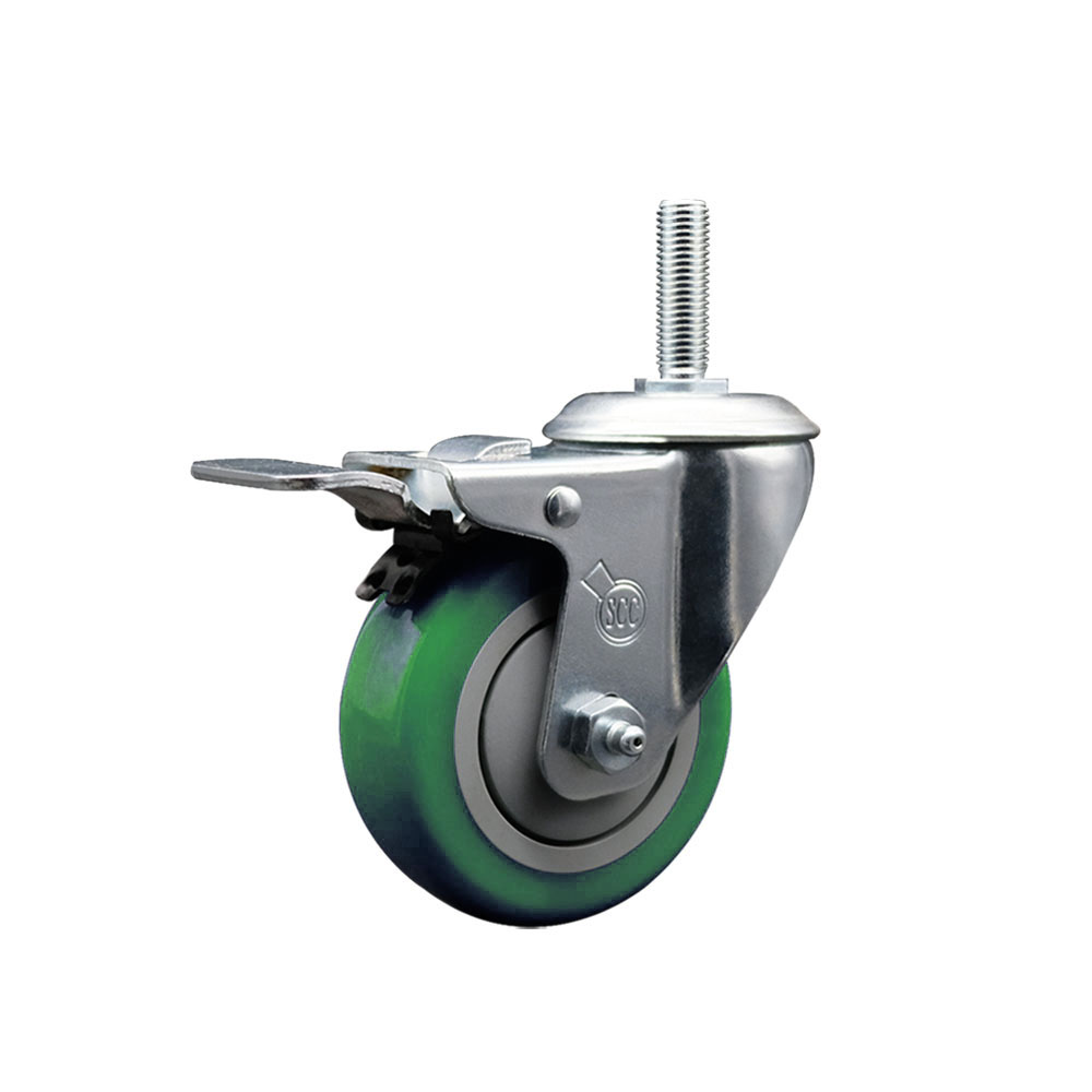 Polyurethane Swivel Threaded Stem Caster w/4" x 1.25" Green Wheel and 3/4" Stem & Total Locking Brake - 350 lbs Capacity/Caster - Service Caster Brand — photo 1