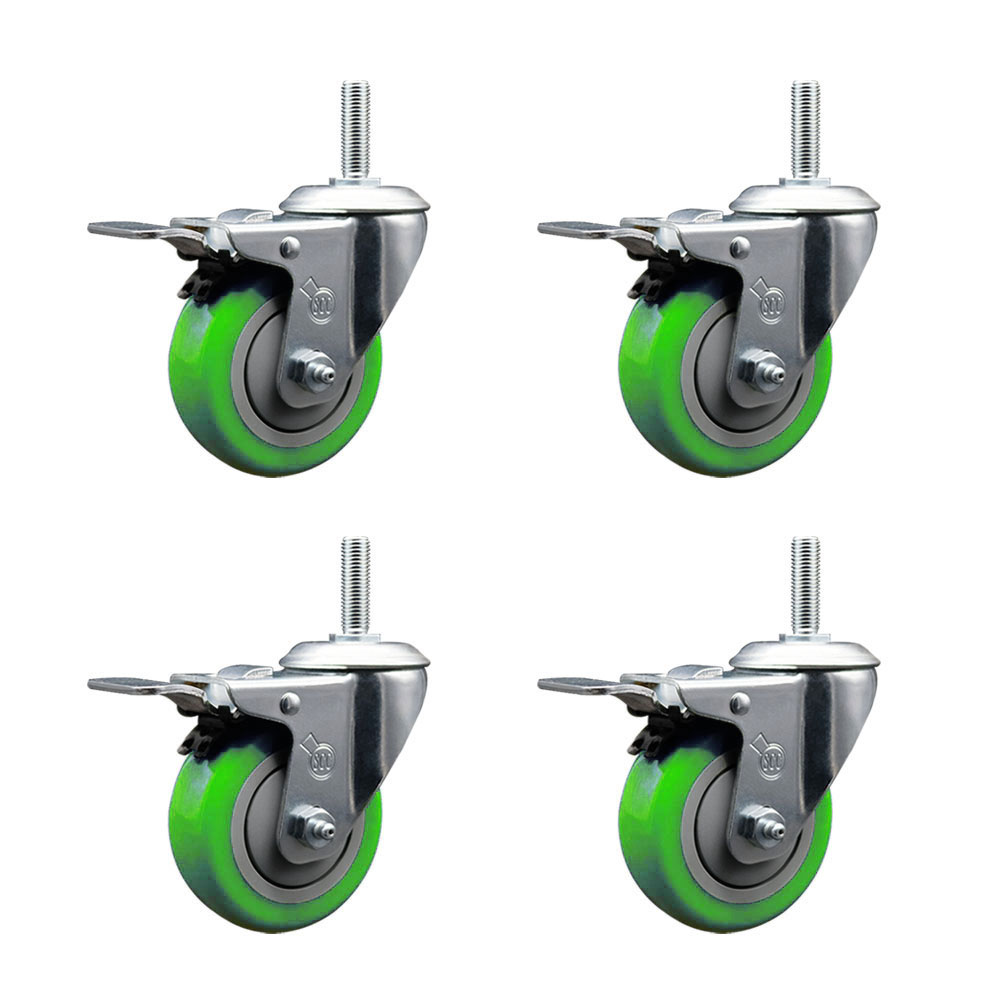 Polyurethane Swivel Threaded Stem Caster Set of 4 w/4" x 1.25" Green Wheels and 5/8" Stems - Includes 4 with Total Lock Brakes - 1400 lbs Total Capacity - Service Caster Brand — photo 1
