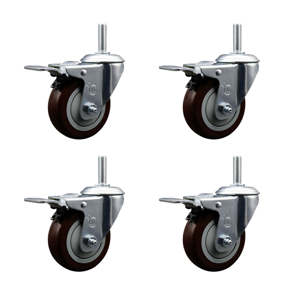 Polyurethane Swivel Threaded Stem Caster Set of 4 w/4" x 1.25" Maroon Wheels and 3/4" Stems - Includes 4 with Total Lock Brakes - 1400 lbs Total Capacity - Service Caster Brand — photo 1
