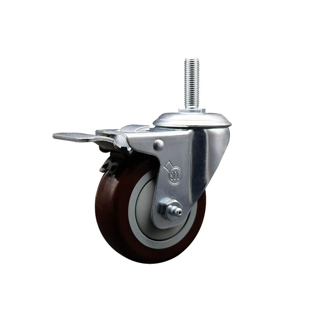Polyurethane Swivel Threaded Stem Caster w/4" x 1.25" Maroon Wheel and 3/4" Stem & Total Locking Brake - 350 lbs Capacity/Caster - Service Caster Brand — photo 1