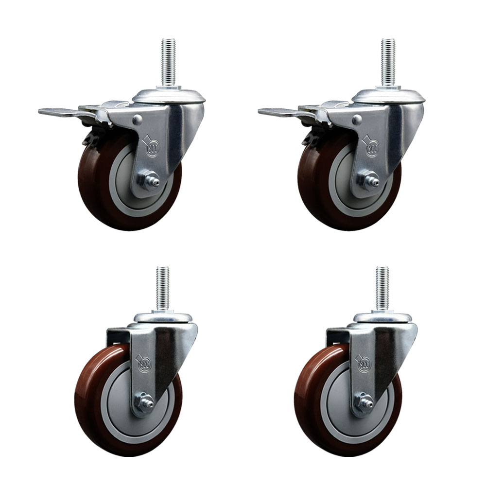 Polyurethane Swivel Threaded Stem Caster Set of 4 w/4" x 1.25" Maroon Wheels and 5/8" Stems - Includes 2 with Total Locking Brake - 1400 lbs Total Capacity - Service Caster Brand — photo 1