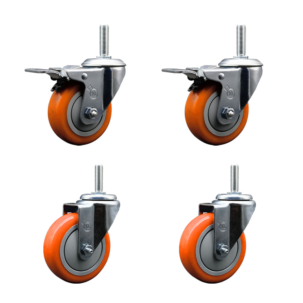Polyurethane Swivel Threaded Stem Caster Set of 4 w/4" x 1.25" Orange Wheels and 5/8" Stems - Includes 2 with Total Locking Brake - 1400 lbs Total Capacity - Service Caster Brand — photo 1