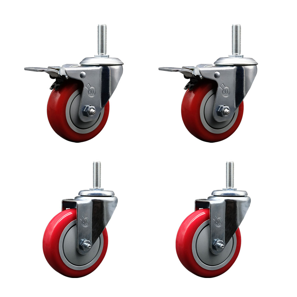 Polyurethane Swivel Threaded Stem Caster Set of 4 w/4" x 1.25" Red Wheels and 3/4" Stems - Includes 4 with Total Lock Brakes - 1400 lbs Total Capacity - Service Caster Brand — photo 1
