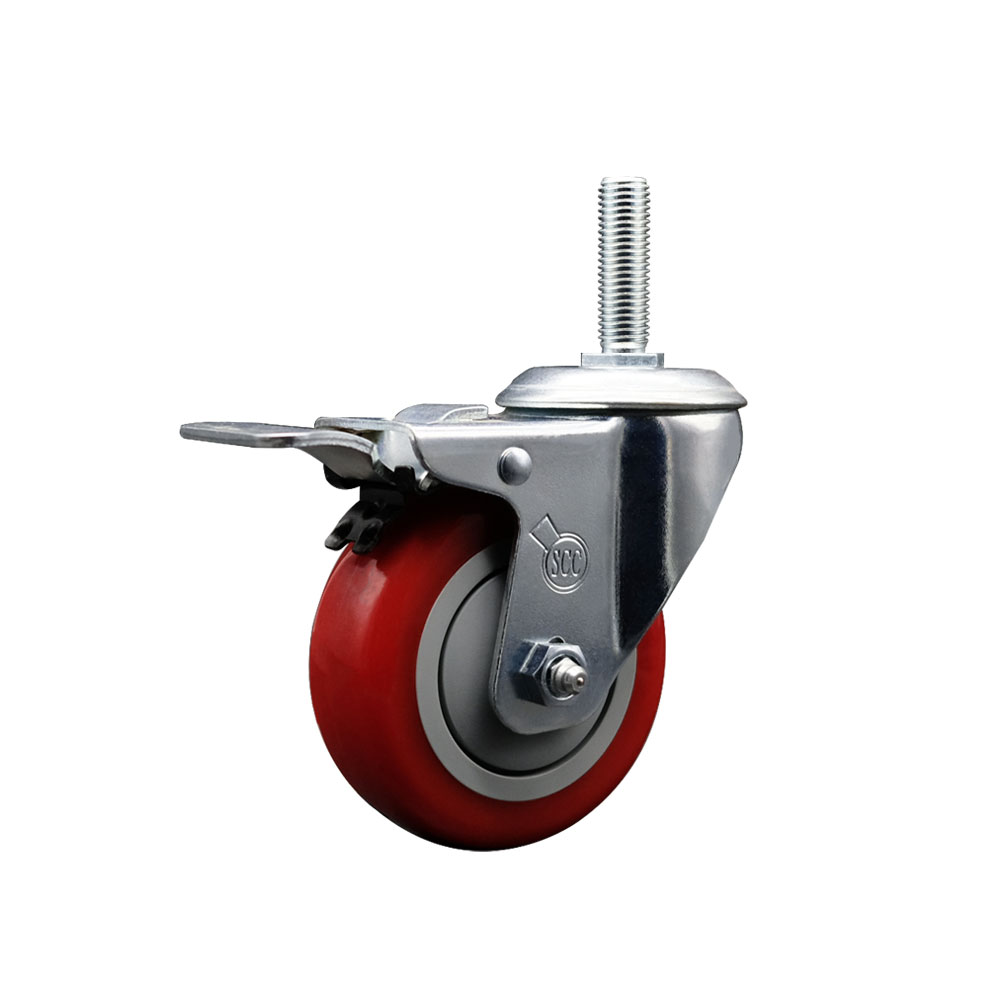 Polyurethane Swivel Threaded Stem Caster w/4" x 1.25" Red Wheel and 3/4" Stem & Total Locking Brake - 350 lbs Capacity/Caster - Service Caster Brand — photo 1