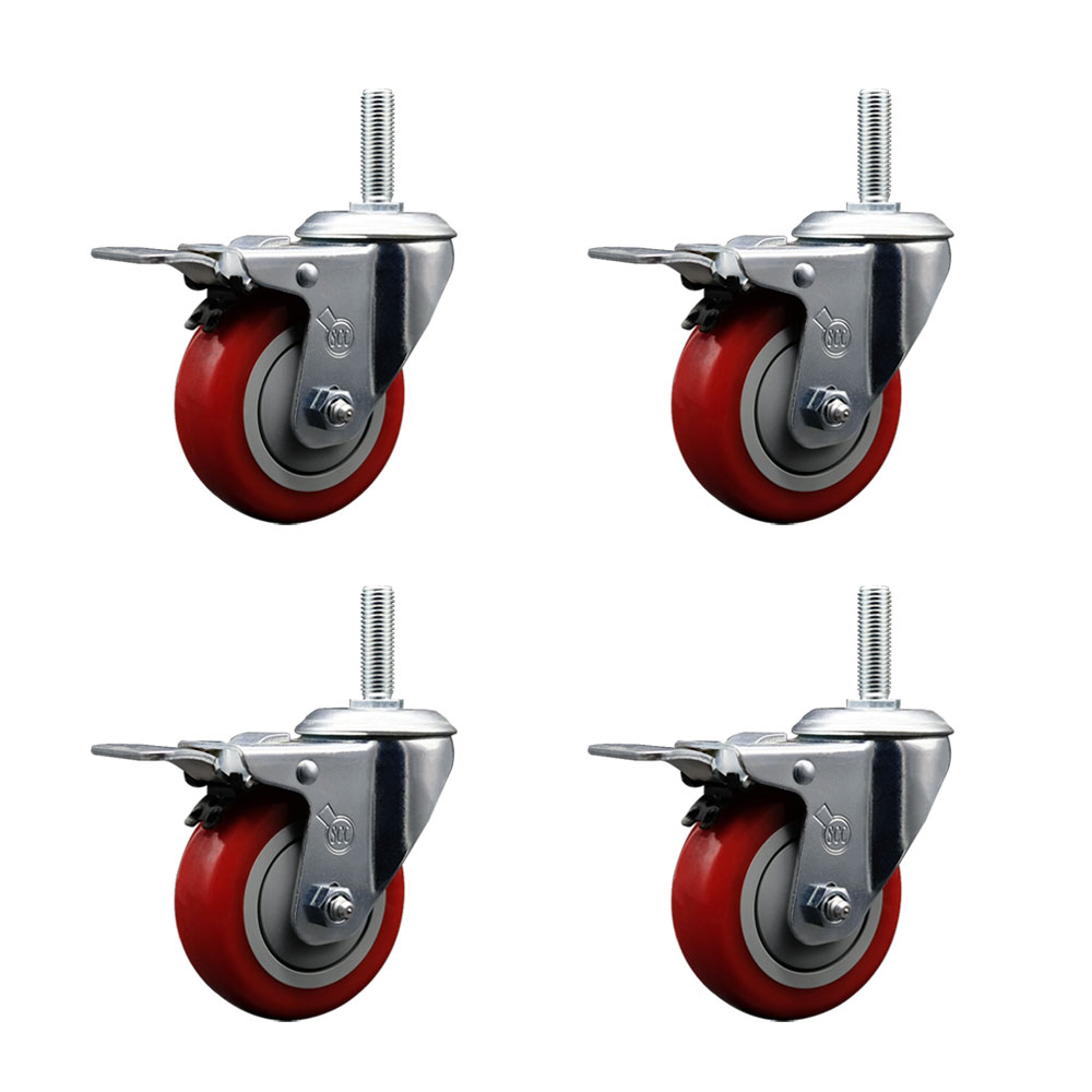 Polyurethane Swivel Threaded Stem Caster Set of 4 w/4" x 1.25" Red Wheels and 5/8" Stems - Includes 4 with Total Lock Brakes - 1400 lbs Total Capacity - Service Caster Brand — photo 1