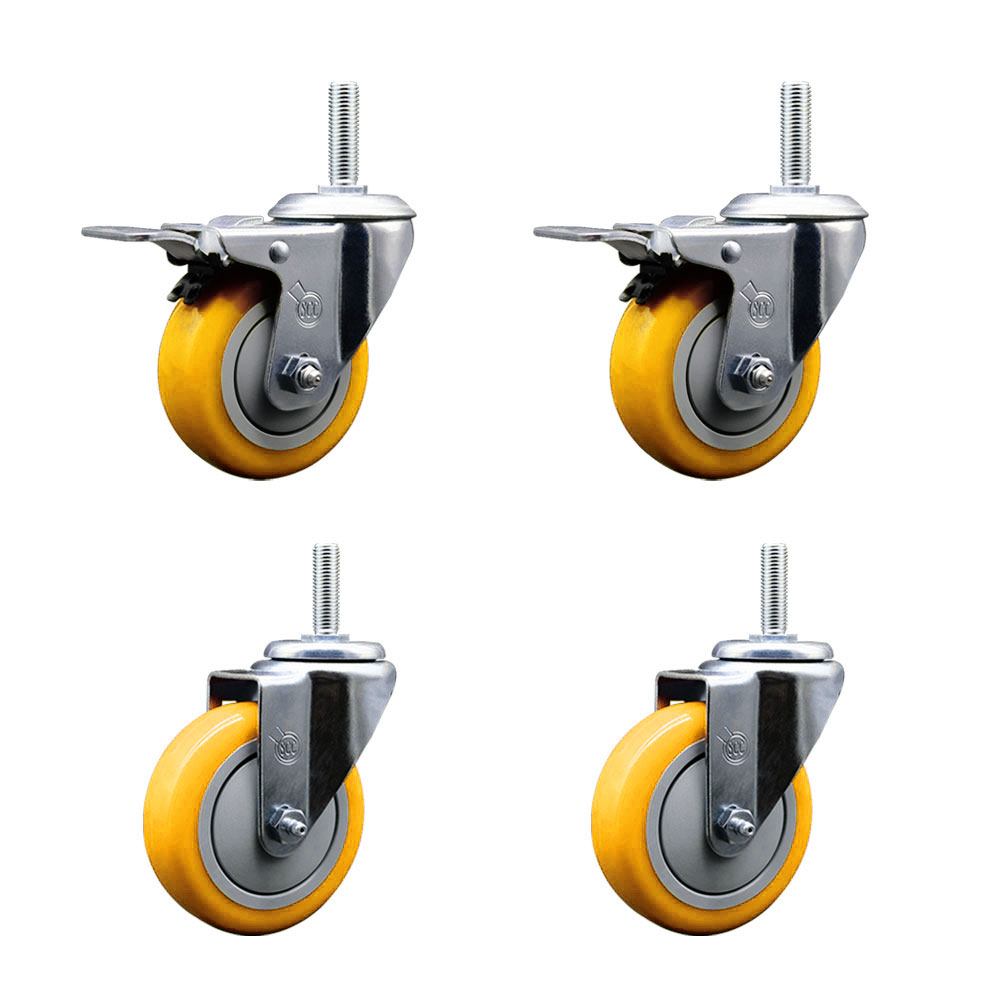 Polyurethane Swivel Threaded Stem Caster Set of 4 w/4" x 1.25" Yellow Wheels and 3/4" Stems - Includes 2 with Total Locking Brake - 1400 lbs Total Capacity - Service Caster Brand — photo 1