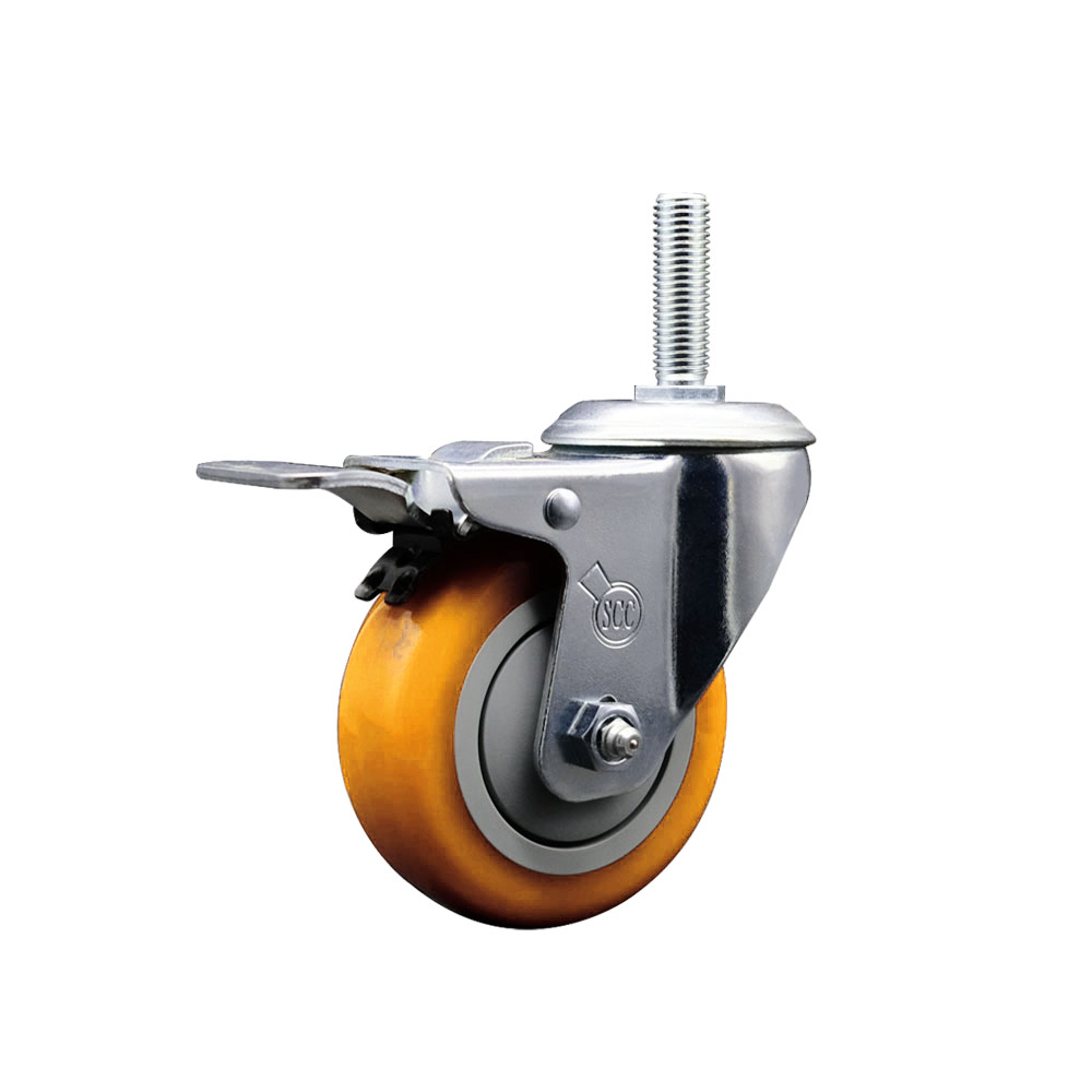 Polyurethane Swivel Threaded Stem Caster w/4" x 1.25" Yellow Wheel and 3/4" Stem & Total Locking Brake - 350 lbs Capacity/Caster - Service Caster Brand — photo 1