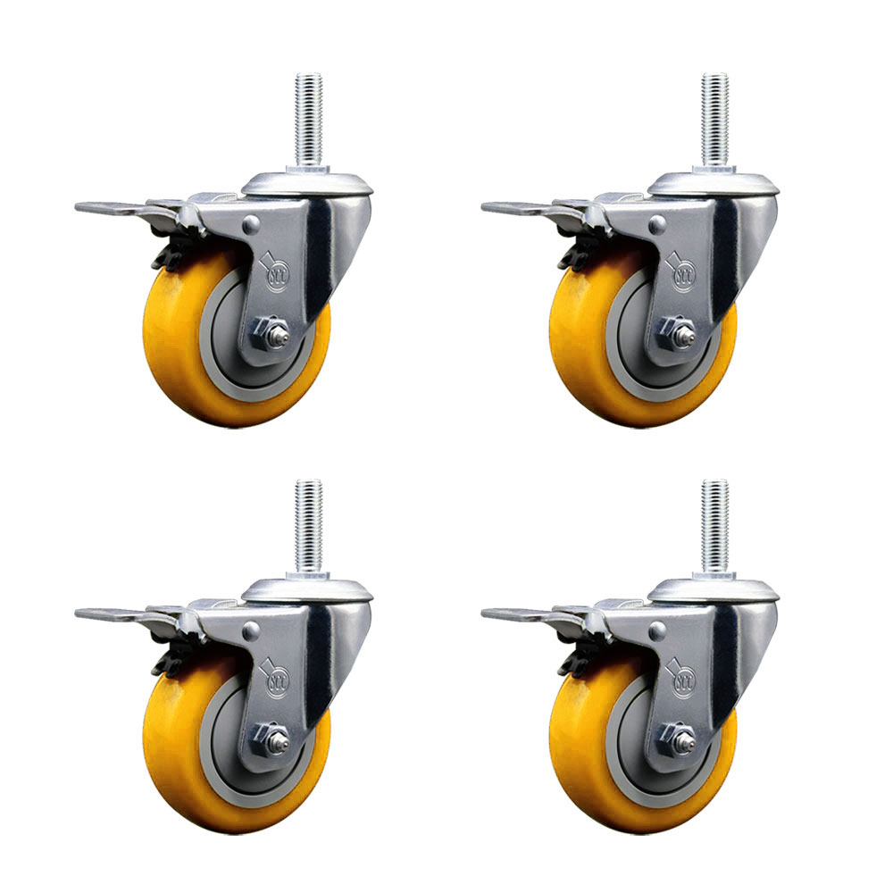 Polyurethane Swivel Threaded Stem Caster Set of 4 w/4" x 1.25" Yellow Wheels and 5/8" Stems - Includes 4 with Total Lock Brakes - 1400 lbs Total Capacity - Service Caster Brand — photo 1
