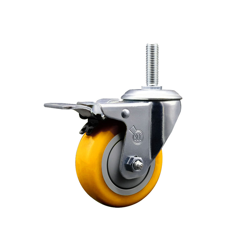 Polyurethane Swivel Threaded Stem Caster w/4" x 1.25" Yellow Wheel and 5/8" Stem & Total Locking Brake - 350 lbs Capacity/Caster - Service Caster Brand — photo 1