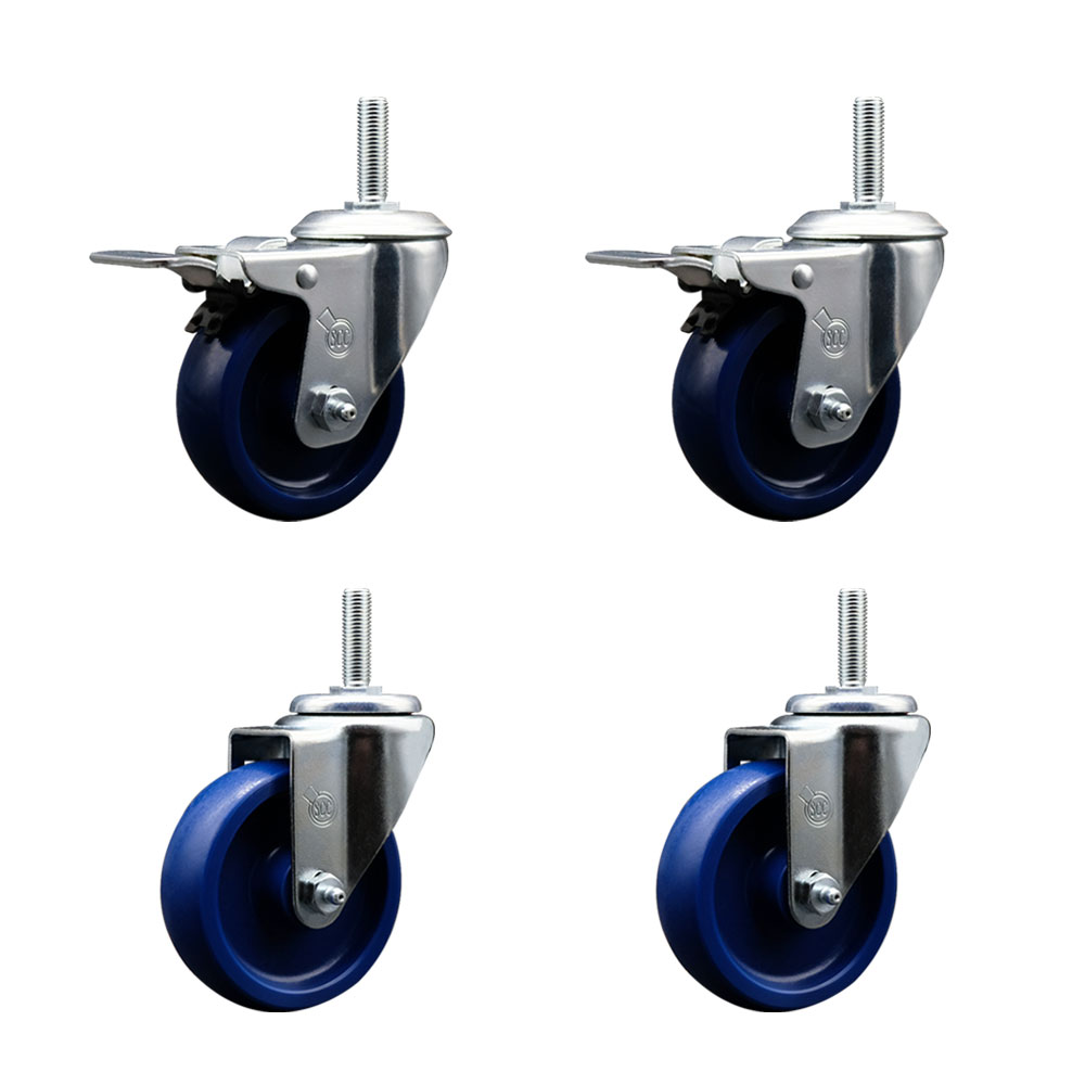 Solid Polyurethane Swivel Threaded Stem Caster Set of 4 w/4" x 1.25" Blue Wheels and 3/4" Stems - Includes 2 with Total Locking Brake - 1200 lbs Total Capacity - Service Caster Brand — photo 1