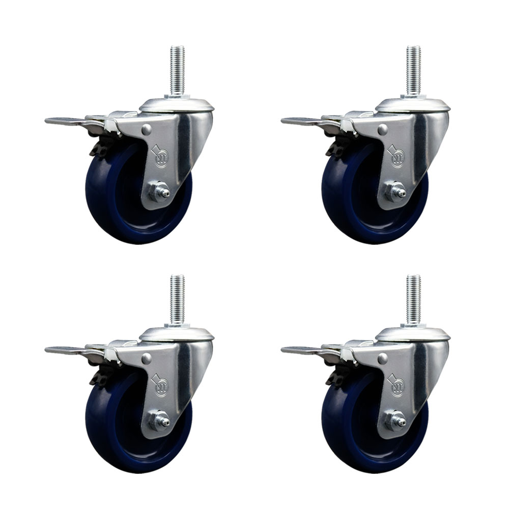 Solid Polyurethane Swivel Threaded Stem Caster Set of 4 w/4" x 1.25" Blue Wheels and 5/8" Stems - Includes 4 with Total Lock Brakes - 1200 lbs Total Capacity - Service Caster Brand — photo 1