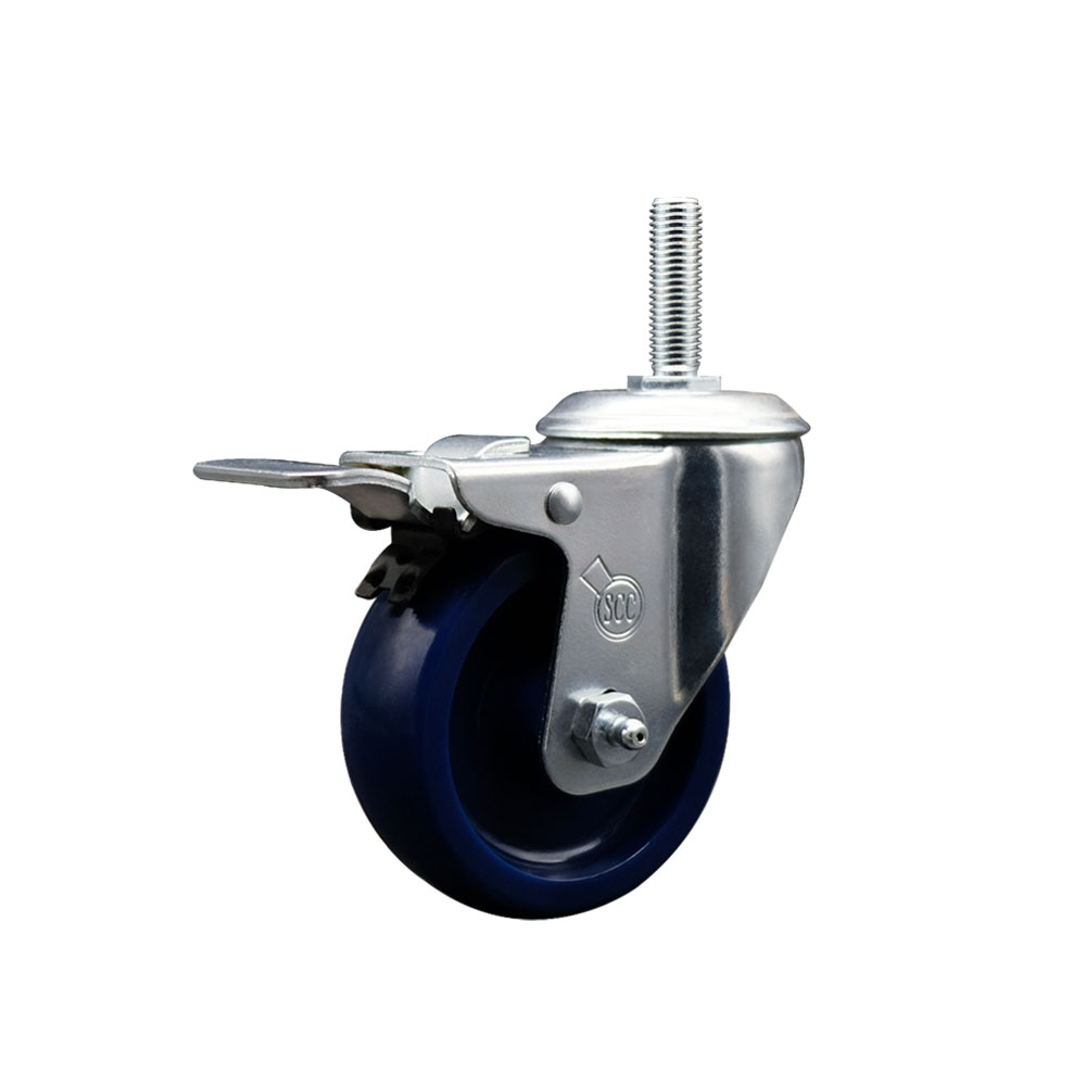 Solid Polyurethane Swivel Threaded Stem Caster w/4" x 1.25" Blue Wheel and 5/8" Stem & Total Locking Brake - 300 lbs Capacity/Caster - Service Caster Brand — photo 1
