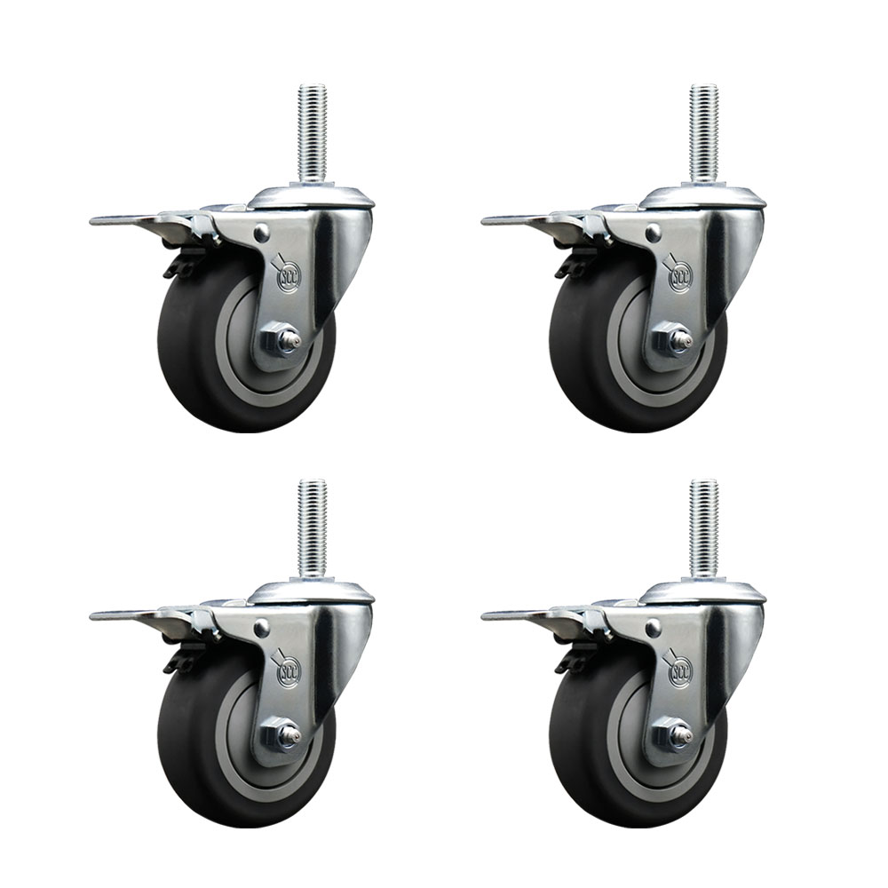 Thermoplastic Rubber Swivel Threaded Stem Caster Set of 4 w/4" x 1.25" Gray Wheels and 3/4" Stems - Includes 4 with Total Lock Brakes - 1000 lbs Total Capacity - Service Caster Brand — photo 1