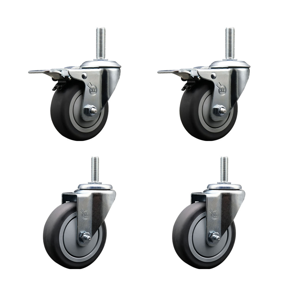 Thermoplastic Rubber Swivel Threaded Stem Caster Set of 4 - 4" x 1.25" Gray Wheels and 5/8" Stems - Includes 2 with Total Locking Brake - 1000 lbs Total Capacity - Service Caster Brand — photo 1