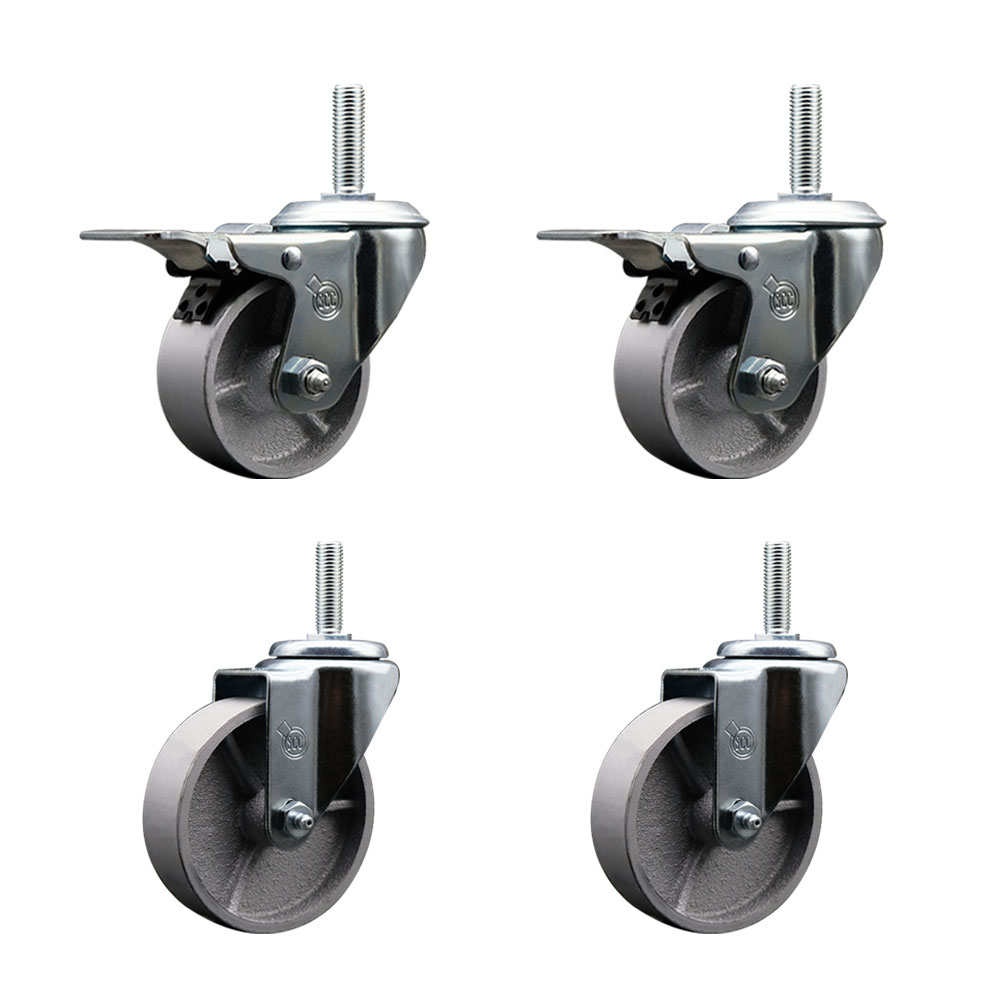 Semi Steel Cast Iron Swivel Threaded Stem Caster Set of 4 w/Roller Bearing - 4" x 1.5" Silver Wheels and 3/4" Stems - Includes 2 with Total Locking Brake - 1200 lbs Total Capacity-Service Caster Brand — photo 1