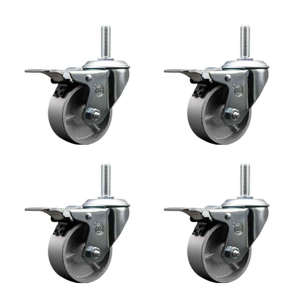 Semi Steel Cast Iron Swivel Threaded Stem Caster Set of 4 w/4" x 1.25" Silver Wheels and 3/4" Stems - Includes 4 with Total Lock Brakes - 1200 lbs Total Capacity - Service Caster Brand — photo 1