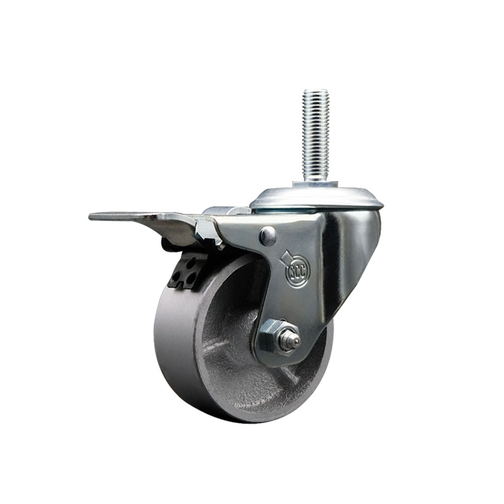 Semi Steel Cast Iron Swivel Threaded Stem Caster w/Roller Bearing - 4" x 1.5" Silver Wheel and 3/4" Stem & Total Locking Brake - 300 lbs Capacity/Caster - Service Caster Brand — photo 1