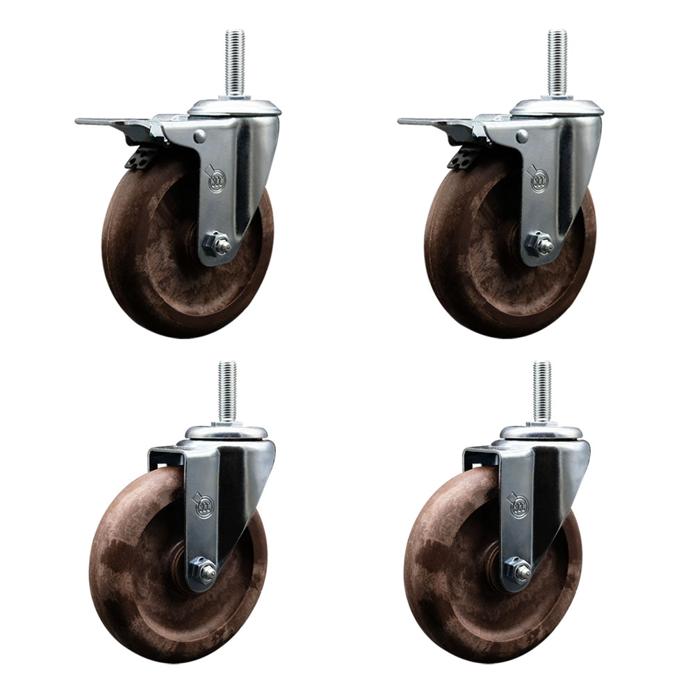 High Temp Glass Filled Nylon Swivel Threaded Stem Caster Set of 4 w/5" x 1.25" Brown Wheels and 5/8" Stems - Includes 2 with Total Locking Brake - 1400 lbs Total Capacity - Service Caster Brand — photo 1