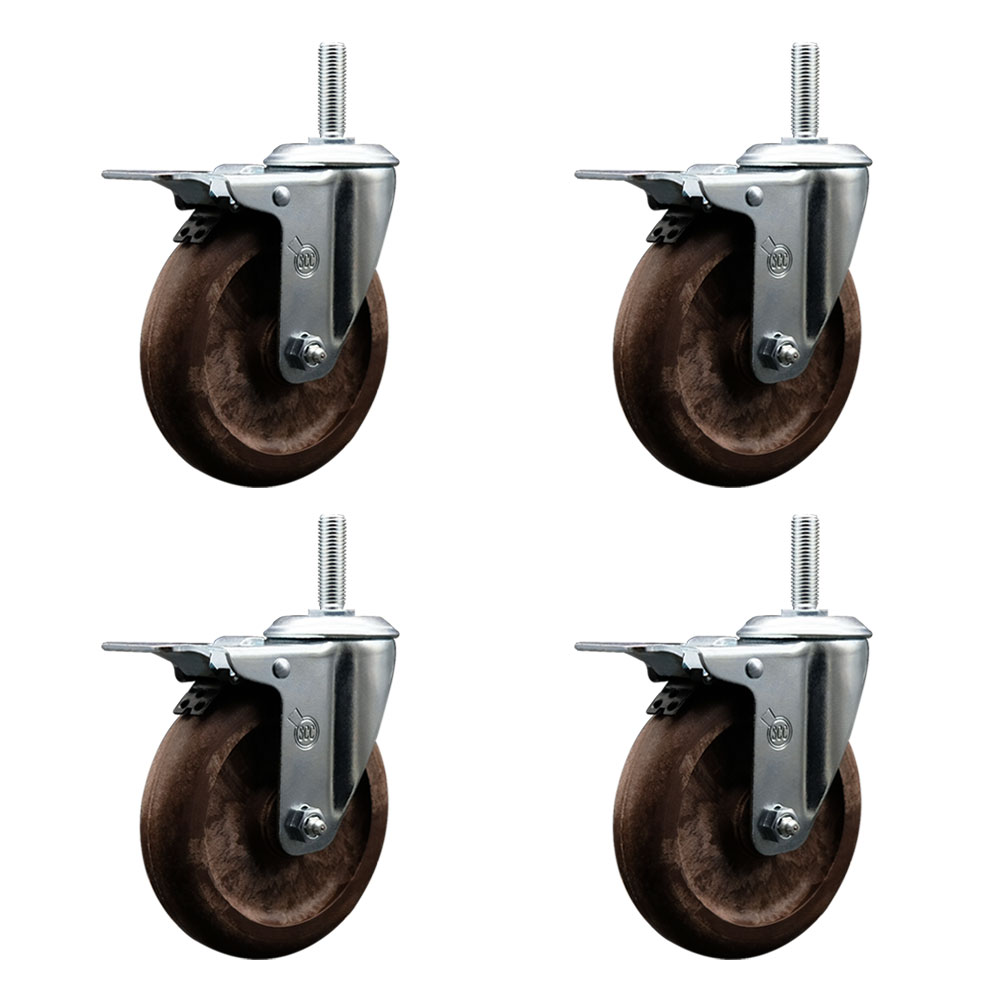 High Temp Glass Filled Nylon Swivel Threaded Stem Caster Set of 4 w/5" x 1.25" Brown Wheels and 5/8" Stems - Includes 4 with Total Lock Brakes - 1400 lbs Total Capacity - Service Caster Brand — photo 1