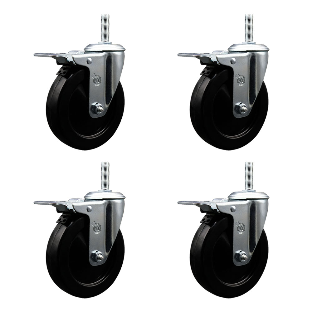 Soft Rubber Swivel Threaded Stem Caster Set of 4 w/5" x 1.25" Black Wheels and 3/4" Stems - Includes 4 with Total Lock Brakes - 1100 lbs Total Capacity - Service Caster Brand — photo 1