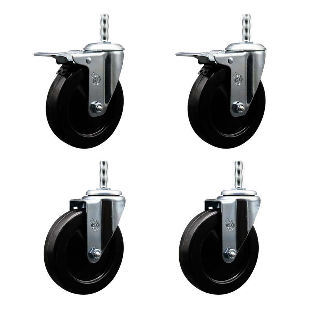 Soft Rubber Swivel Threaded Stem Caster Set of 4 w/5" x 1.25" Black Wheels and 5/8" Stems - Includes 2 with Total Locking Brake - 1100 lbs Total Capacity - Service Caster Brand — photo 1