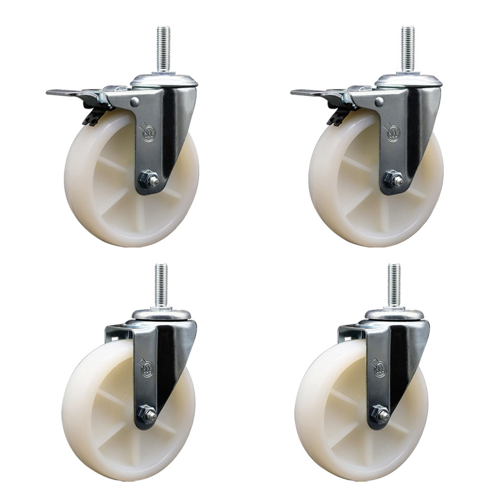 Nylon Swivel Threaded Stem Caster Set of 4 w/5" x 1.25" White Wheels and 3/4" Stems - Includes 2 with Total Locking Brake - 1200 lbs Total Capacity - Service Caster Brand — photo 1