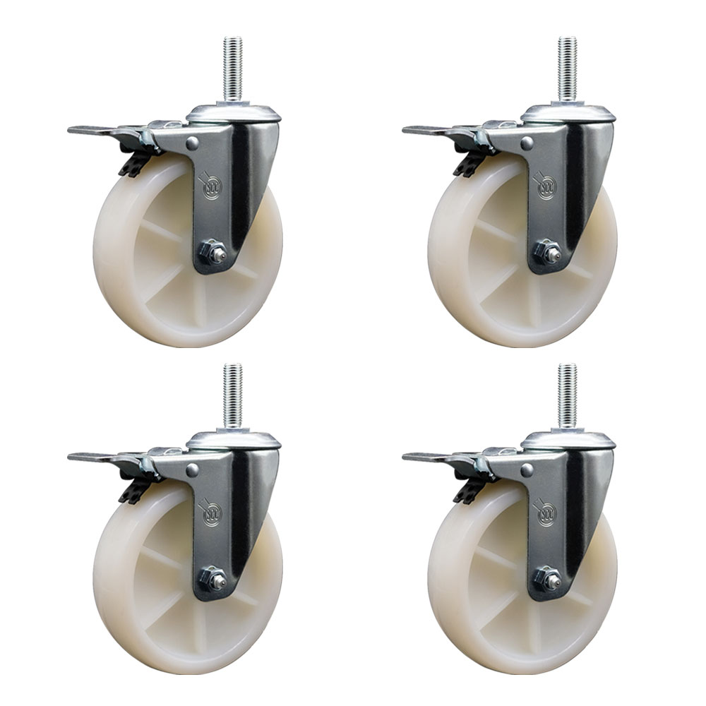 Nylon Swivel Threaded Stem Caster Set of 4 w/5" x 1.25" White Wheels and 5/8" Stems - Includes 4 with Total Lock Brakes - 1200 lbs Total Capacity - Service Caster Brand — photo 1