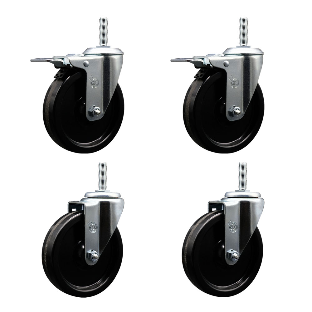 Phenolic Swivel Threaded Stem Caster Set of 4 w/5" x 1.25" Black Wheels and 3/4" Stems - Includes 2 with Total Locking Brake - 1200 lbs Total Capacity - Service Caster Brand — photo 1