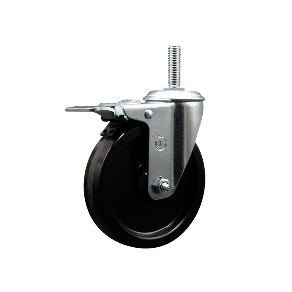 Phenolic Swivel Threaded Stem Caster w/5" x 1.25" Black Wheel and 3/4" Stem & Total Locking Brake - 300 lbs Capacity/Caster - Service Caster Brand — photo 1