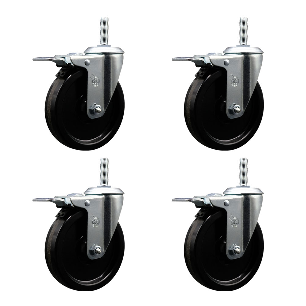 Phenolic Swivel Threaded Stem Caster Set of 4 w/5" x 1.25" Black Wheels and 5/8" Stems - Includes 4 with Total Lock Brakes - 1200 lbs Total Capacity - Service Caster Brand — photo 1