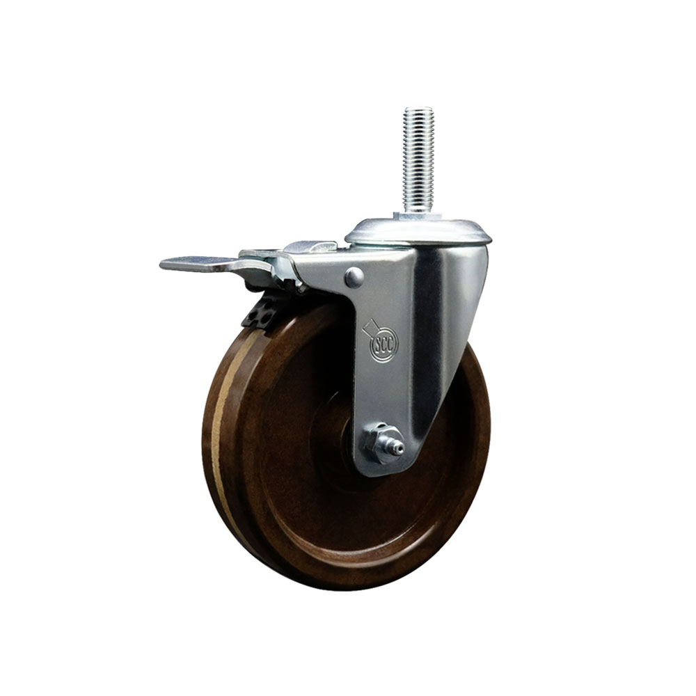 High Temp Phenolic Swivel Threaded Stem Caster w/5" x 1.25" Brown Wheel and 3/4" Stem & Total Locking Brake - 300 lbs Capacity/Caster - Service Caster Brand — photo 1