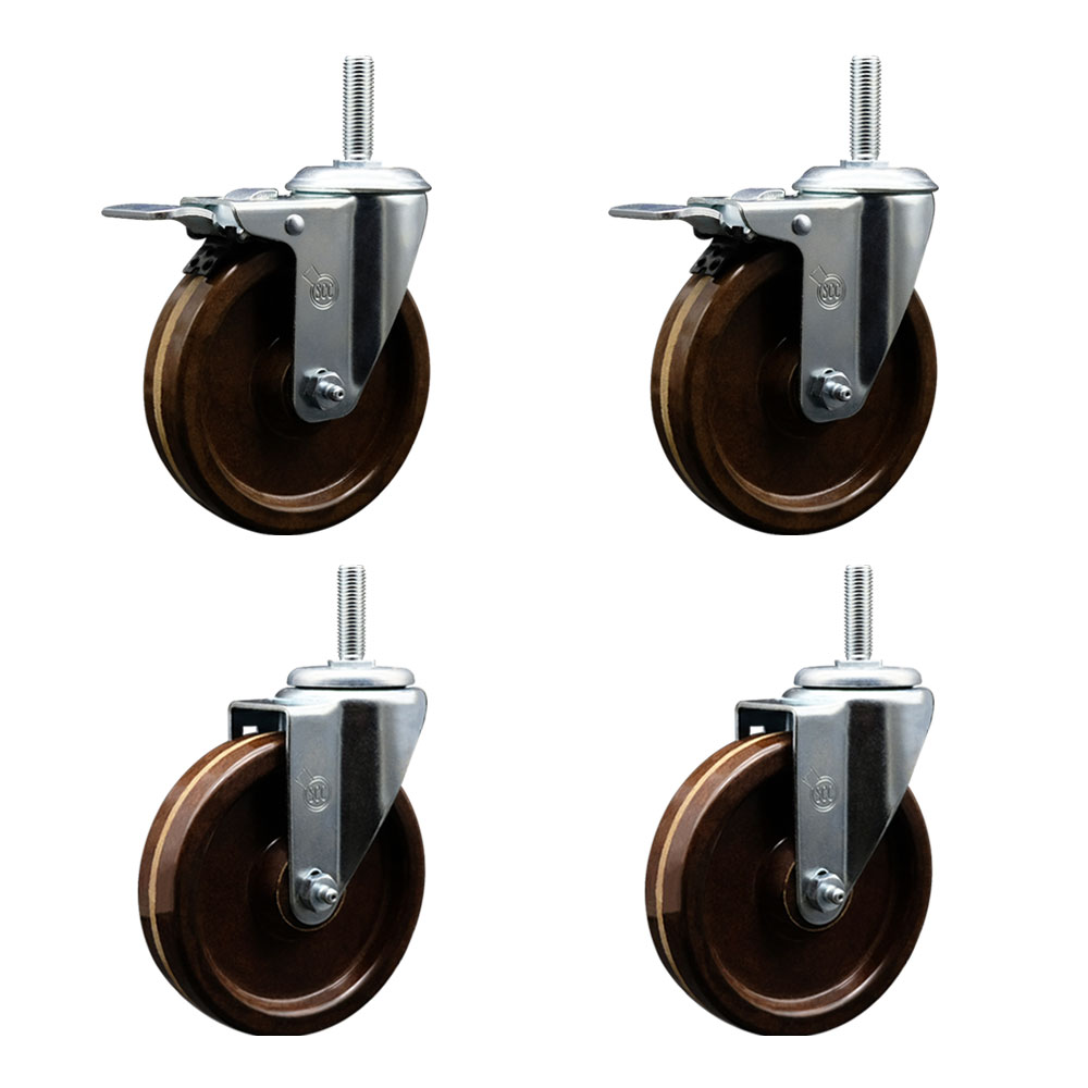 High Temp Phenolic Swivel Threaded Stem Caster Set of 4 w/5" x 1.25" Brown Wheels and 5/8" Stems - Includes 2 with Total Locking Brake - 1200 lbs Total Capacity - Service Caster Brand — photo 1
