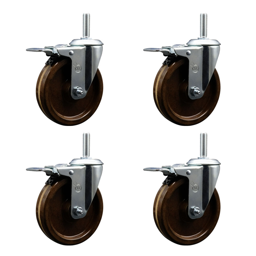 High Temp Phenolic Swivel Threaded Stem Caster Set of 4 w/5" x 1.25" Brown Wheels and 5/8" Stems - Includes 4 with Total Lock Brakes - 1200 lbs Total Capacity - Service Caster Brand — photo 1