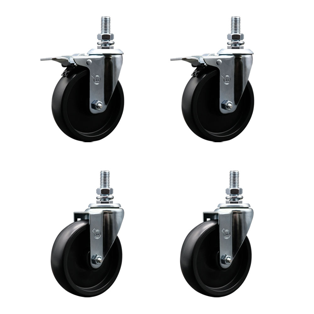 Polyolefin Swivel Threaded Stem Caster Wheels Set of 4 with 5 Inch Black Wheels and 1/2" Stems - Includes 2 with Total Lock Brakes - 1400 lbs. Total Capacity - Service Caster Brand — photo 1