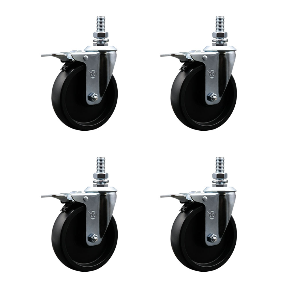 Polyolefin Swivel Threaded Stem Caster Wheels Set of 4 with 5 Inch Black Wheels and 1/2" Stems - Includes 4 with Total Lock Brakes - 1400 lbs. Total Capacity - Service Caster Brand — photo 1