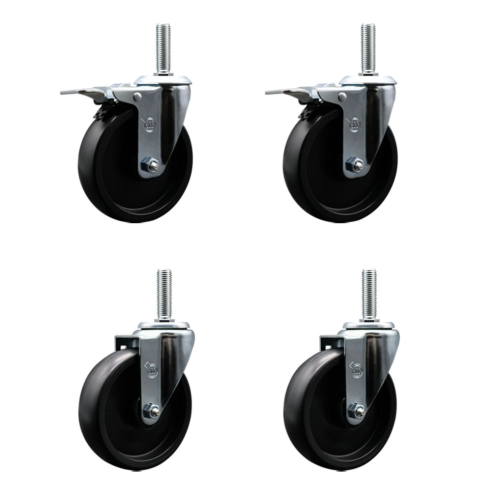 Polyolefin Swivel Threaded Stem Caster Wheels Set of 4 with 5 Inch Black Wheels and 3/4" Stems - Includes 2 with Total Lock Brakes - 1400 lbs. Total Capacity - Service Caster Brand — photo 1