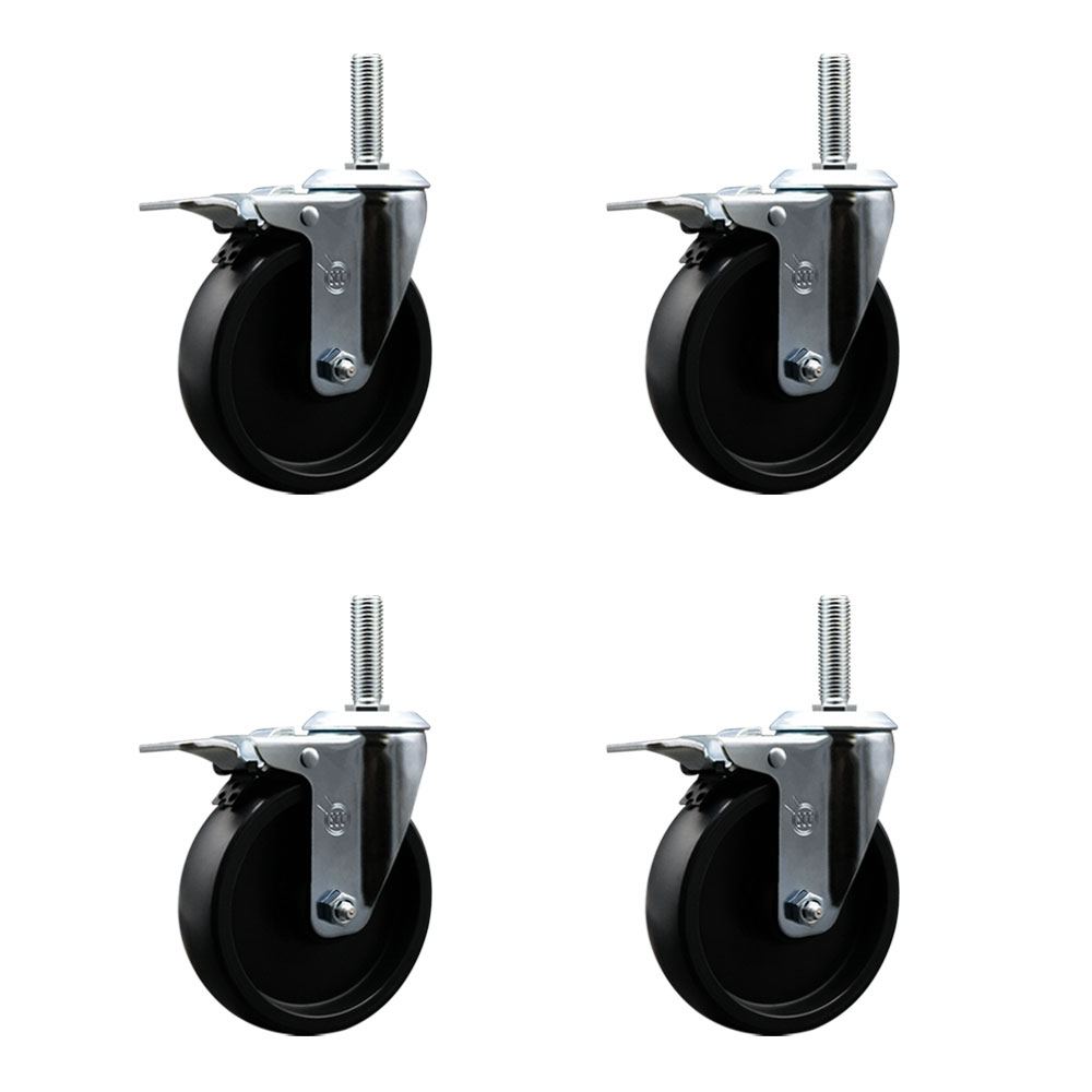 Polyolefin Swivel Threaded Stem Caster Wheels Set of 4 with 5 Inch Black Wheels and 3/4" Stems - Includes 4 with Total Lock Brakes - 1400 lbs. Total Capacity - Service Caster Brand — photo 1