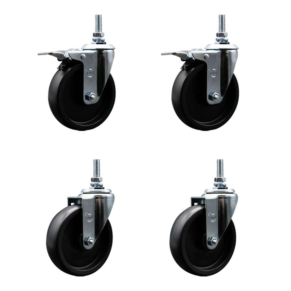 Polyolefin Swivel Threaded Stem Caster Wheels Set of 4 with 5 Inch Black Wheels and 10mm Metric Stems - Includes 2 with Total Lock Brakes - 1400 lbs. Total Capacity - Service Caster Brand — photo 1