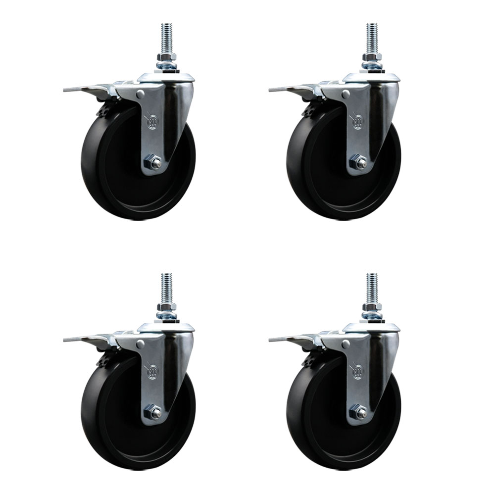Polyolefin Swivel Threaded Stem Caster Wheels Set of 4 with 5 Inch Black Wheels and 3/8" Stems - Includes 4 with Total Lock Brakes - 1400 lbs. Total Capacity - Service Caster Brand — photo 1