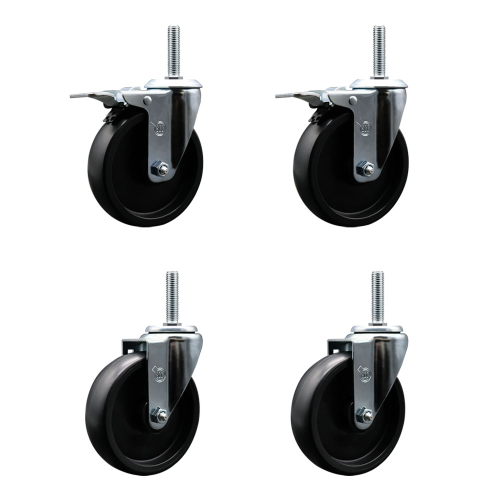 Polyolefin Swivel Threaded Stem Caster Wheels Set of 4 with 5 Inch Black Wheels and 5/8" Stems - Includes 2 with Total Lock Brakes - 1400 lbs. Total Capacity - Service Caster Brand — photo 1