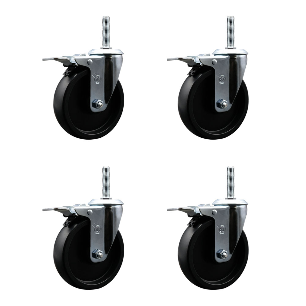 Polyolefin Swivel Threaded Stem Caster Wheels Set of 4 with 5 Inch Black Wheels and 5/8" Stems - Includes 4 with Total Lock Brakes - 1400 lbs. Total Capacity - Service Caster Brand — photo 1
